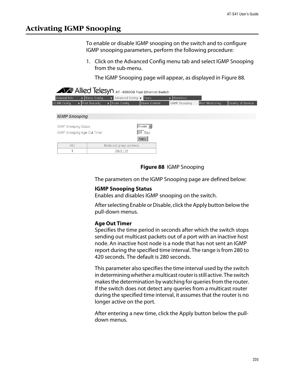 Activating igmp snooping | Allied Telesis AT-S41 User Manual | Page 220 / 233