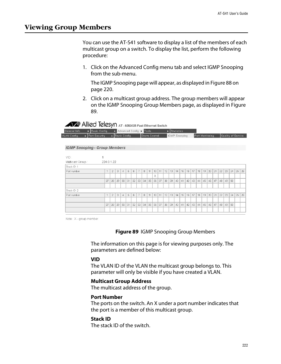 Viewing group members | Allied Telesis AT-S41 User Manual | Page 222 / 233