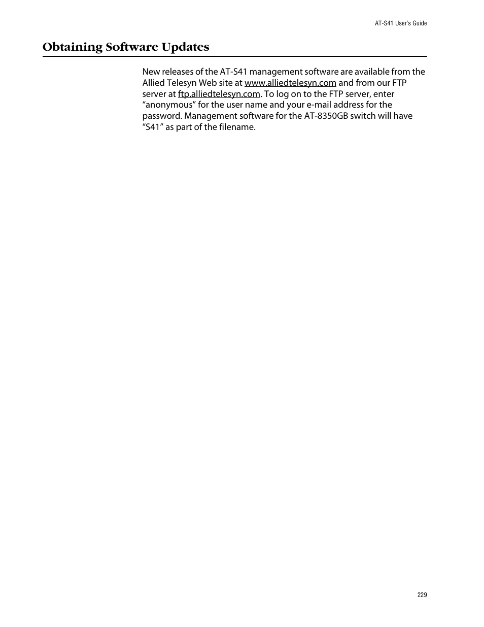 Obtaining software updates | Allied Telesis AT-S41 User Manual | Page 229 / 233