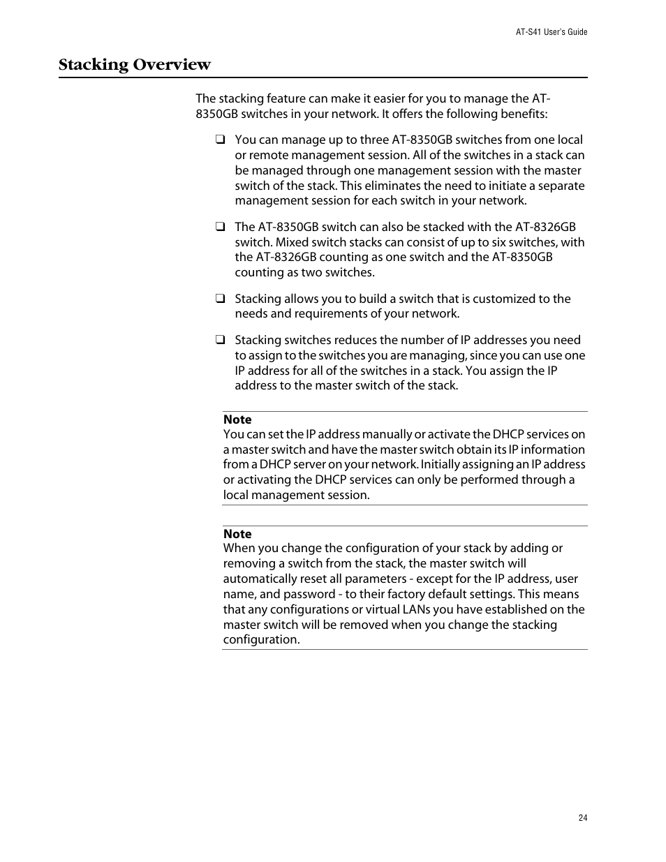 Stacking overview | Allied Telesis AT-S41 User Manual | Page 24 / 233