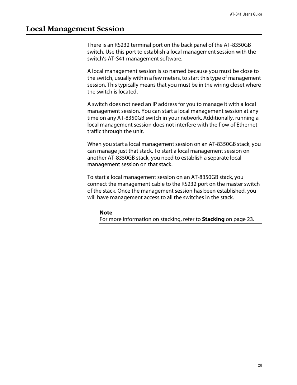 Local management session | Allied Telesis AT-S41 User Manual | Page 28 / 233