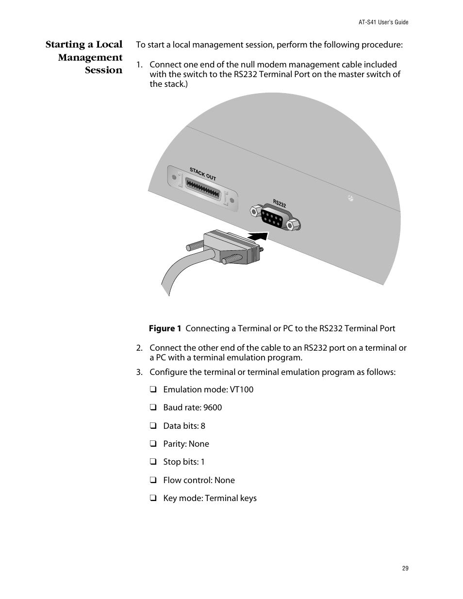 Starting a local management session | Allied Telesis AT-S41 User Manual | Page 29 / 233