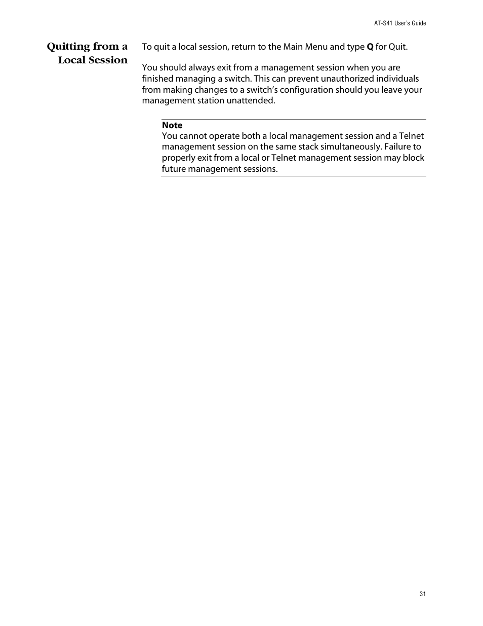 Quitting from a local session | Allied Telesis AT-S41 User Manual | Page 31 / 233