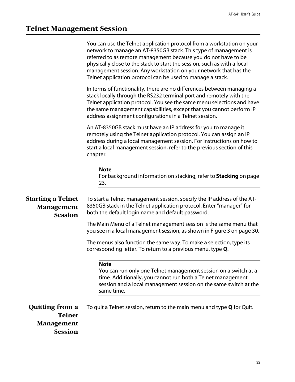 Telnet management session, Starting a telnet management session, Quitting from a telnet management session | Allied Telesis AT-S41 User Manual | Page 32 / 233