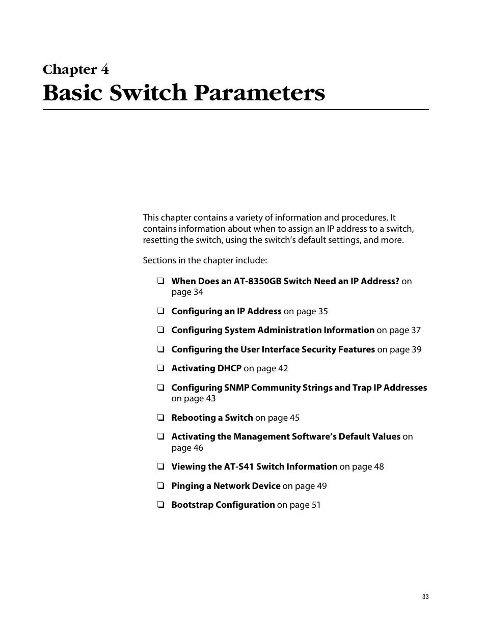 Chapter 4, Basic switch parameters | Allied Telesis AT-S41 User Manual | Page 33 / 233