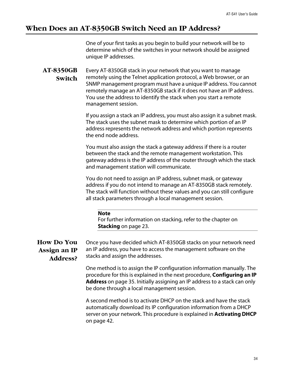 When does an at-8350gb switch need an ip address, At-8350gb switch, How do you assign an ip address | At-8350gb switch how do you assign an ip address | Allied Telesis AT-S41 User Manual | Page 34 / 233