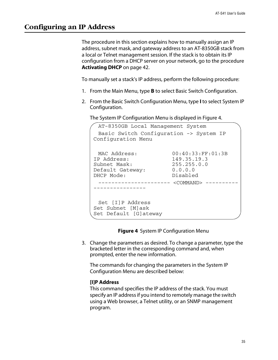 Configuring an ip address | Allied Telesis AT-S41 User Manual | Page 35 / 233