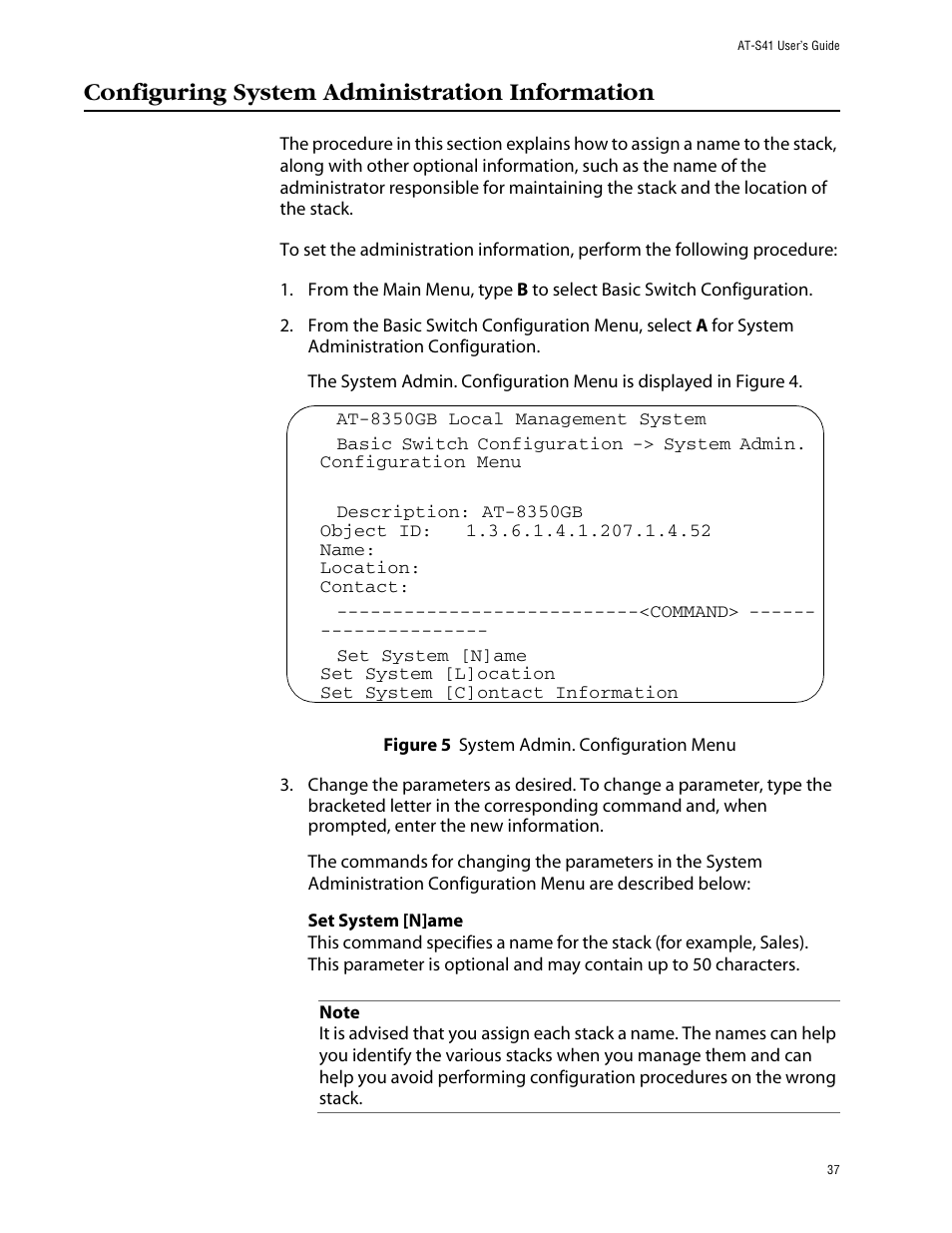 Configuring system administration information | Allied Telesis AT-S41 User Manual | Page 37 / 233