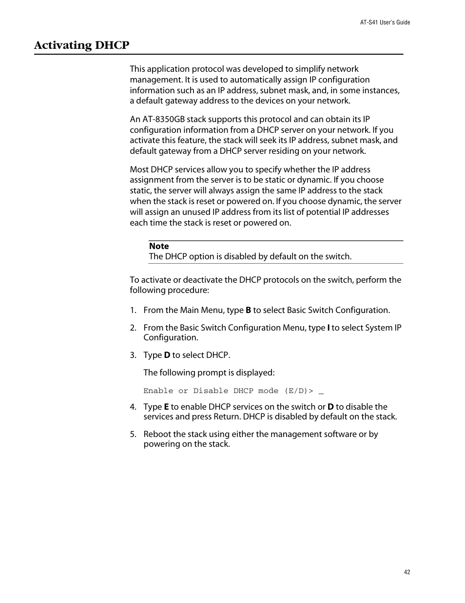 Activating dhcp | Allied Telesis AT-S41 User Manual | Page 42 / 233