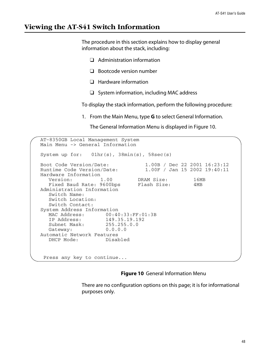 Viewing the at-s41 switch information | Allied Telesis AT-S41 User Manual | Page 48 / 233