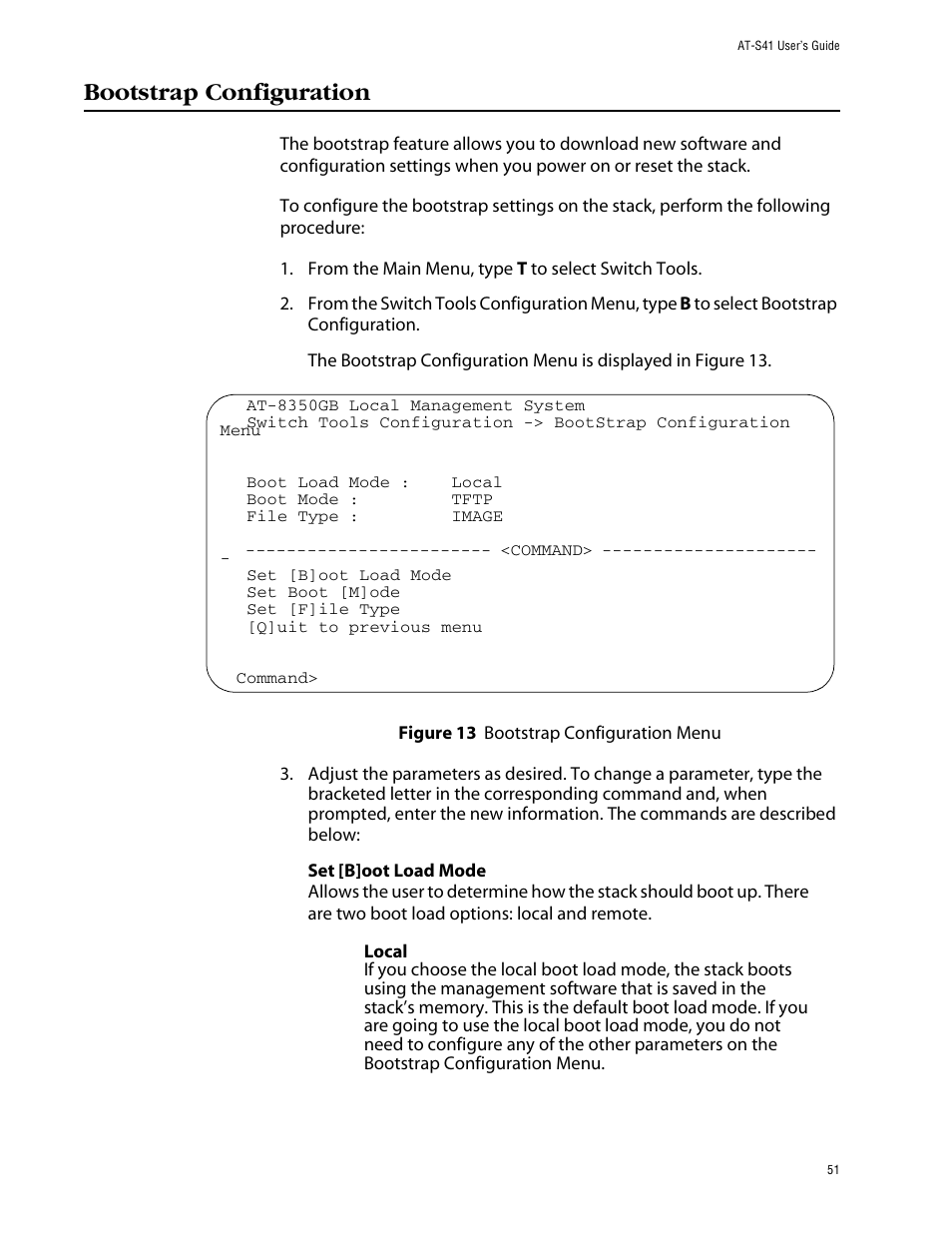 Bootstrap configuration | Allied Telesis AT-S41 User Manual | Page 51 / 233