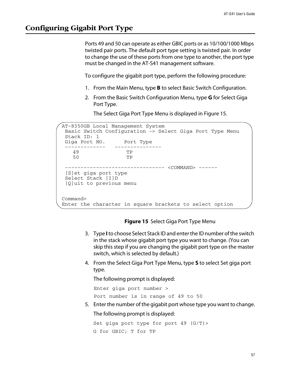 Configuring gigabit port type | Allied Telesis AT-S41 User Manual | Page 57 / 233