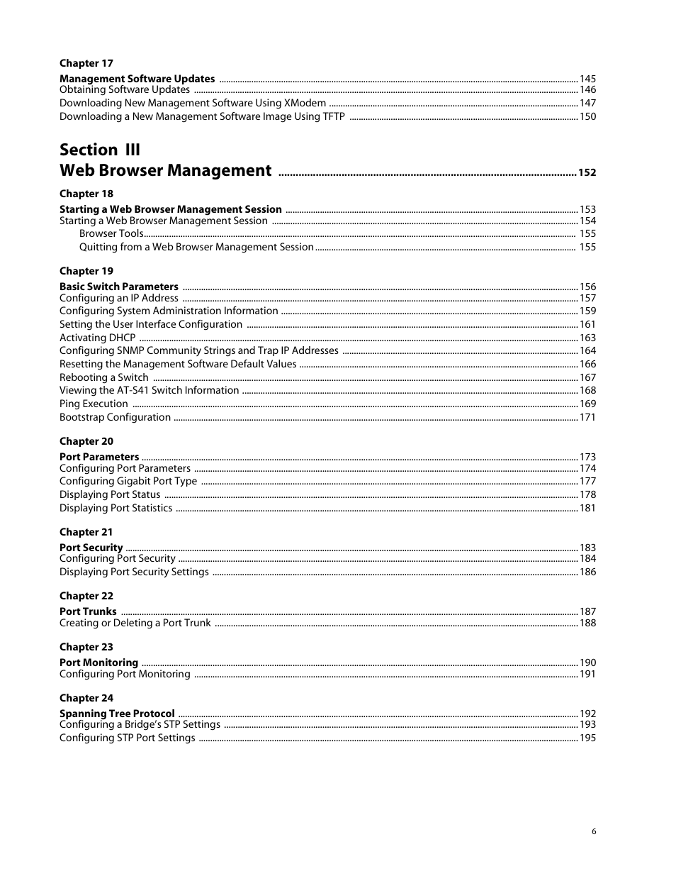 Section iii, Web browser management 152 | Allied Telesis AT-S41 User Manual | Page 6 / 233