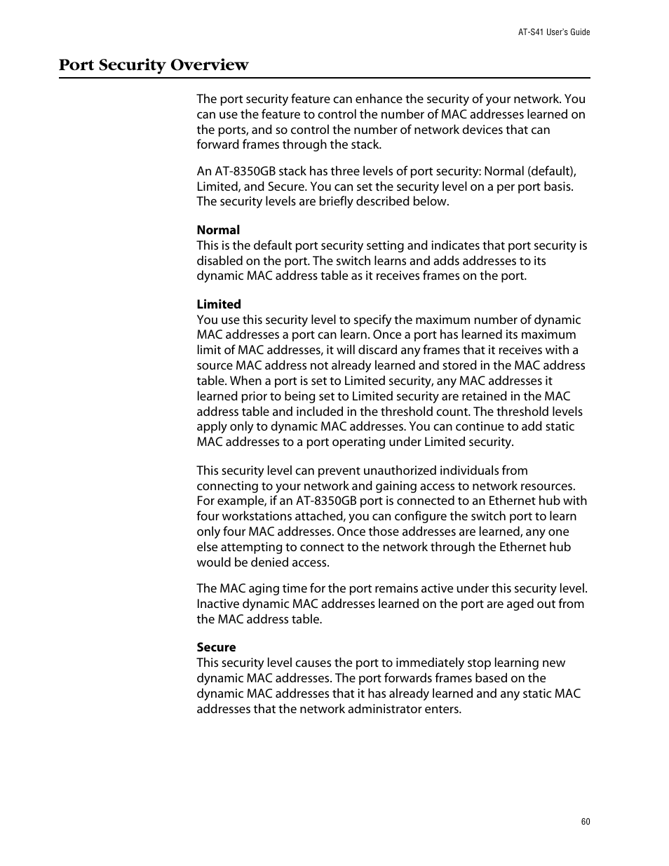 Port security overview | Allied Telesis AT-S41 User Manual | Page 60 / 233