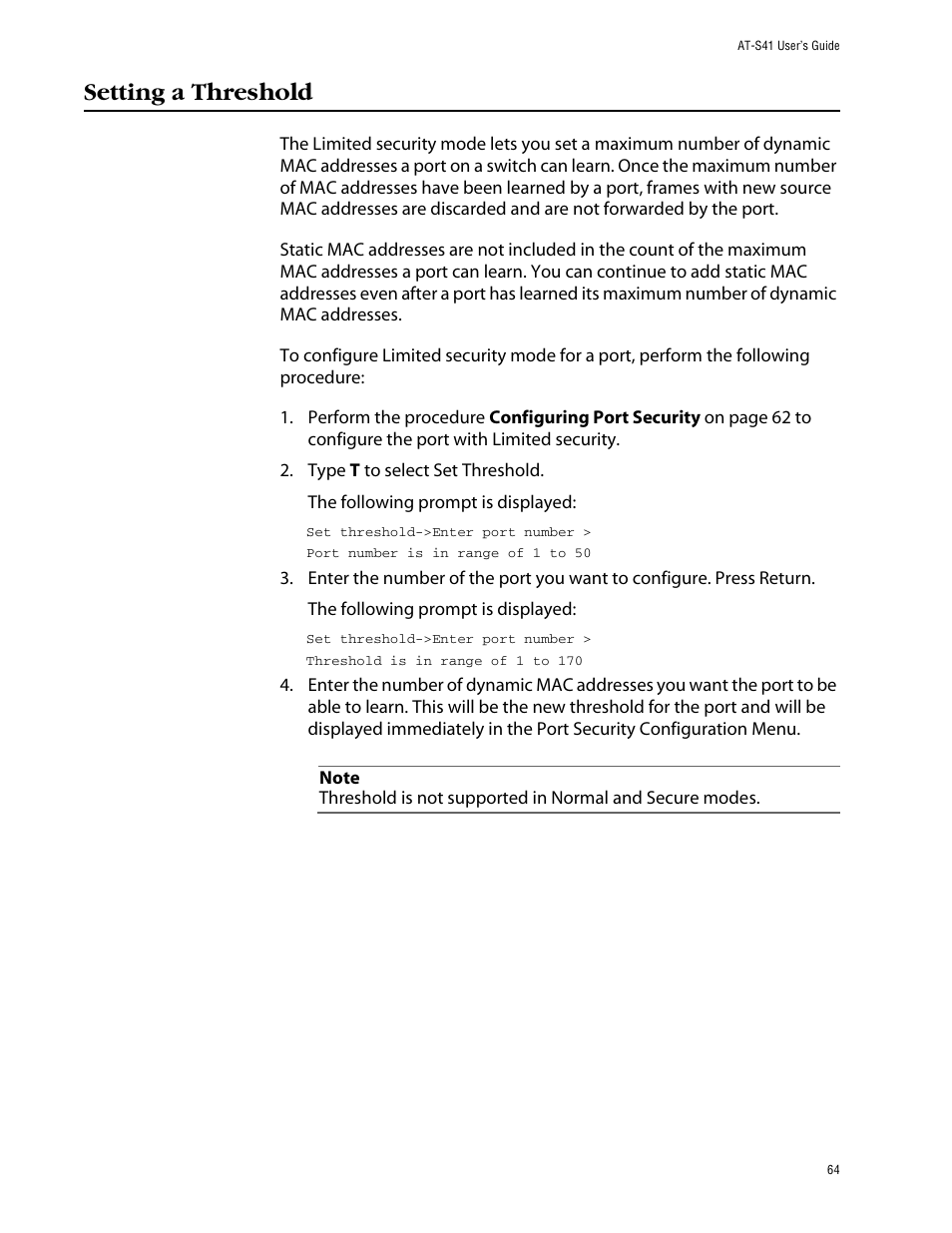 Setting a threshold | Allied Telesis AT-S41 User Manual | Page 64 / 233