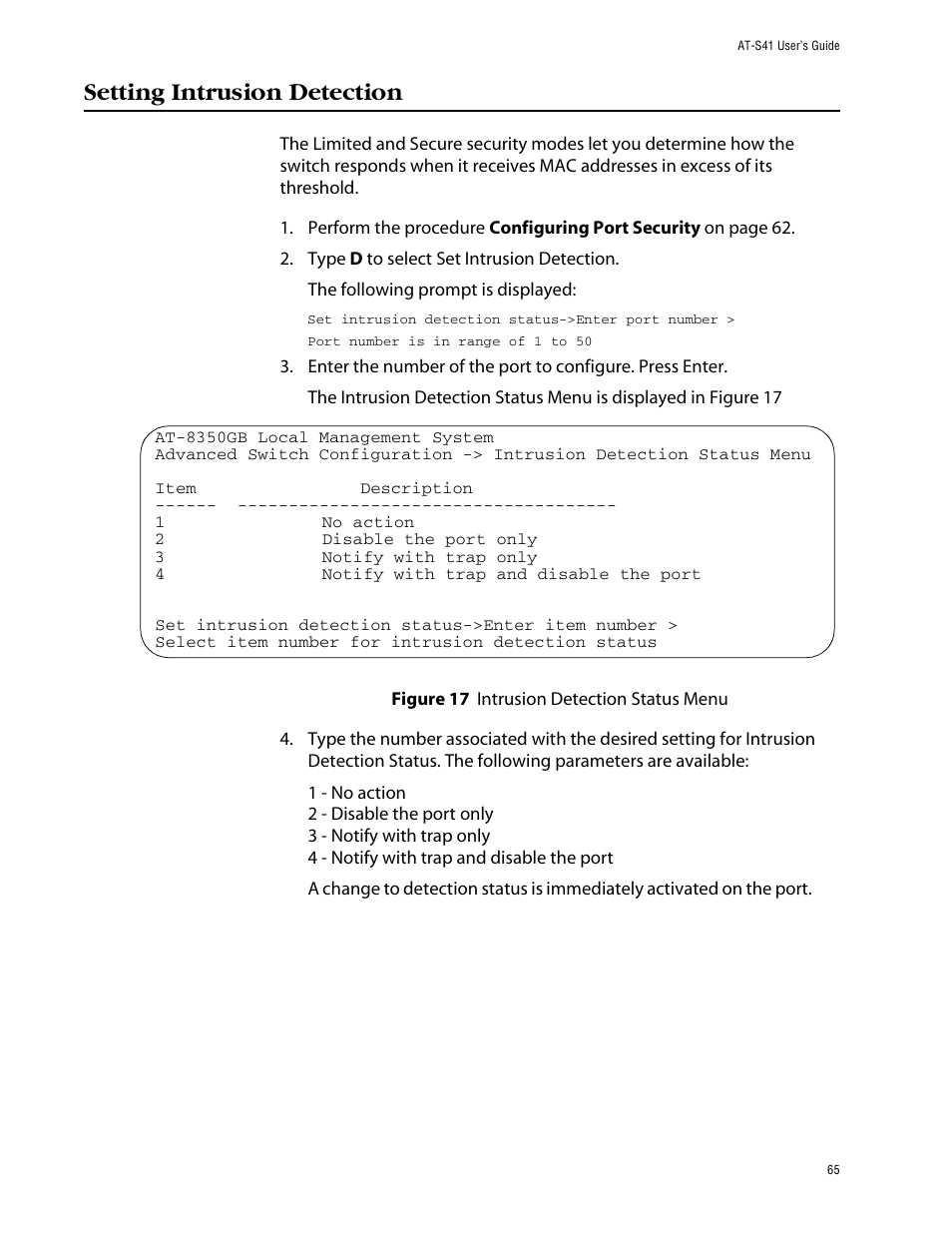 Setting intrusion detection | Allied Telesis AT-S41 User Manual | Page 65 / 233