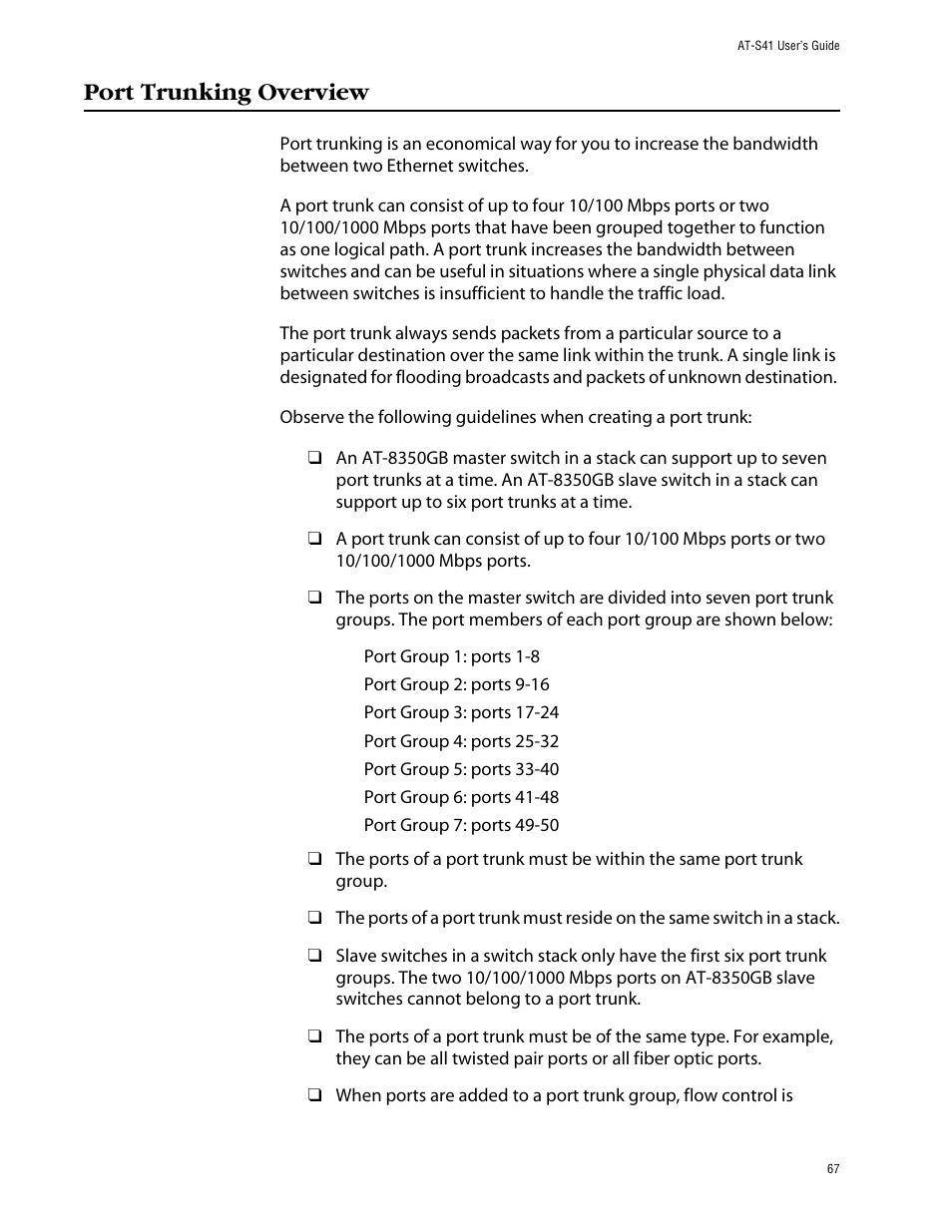 Port trunking overview | Allied Telesis AT-S41 User Manual | Page 67 / 233