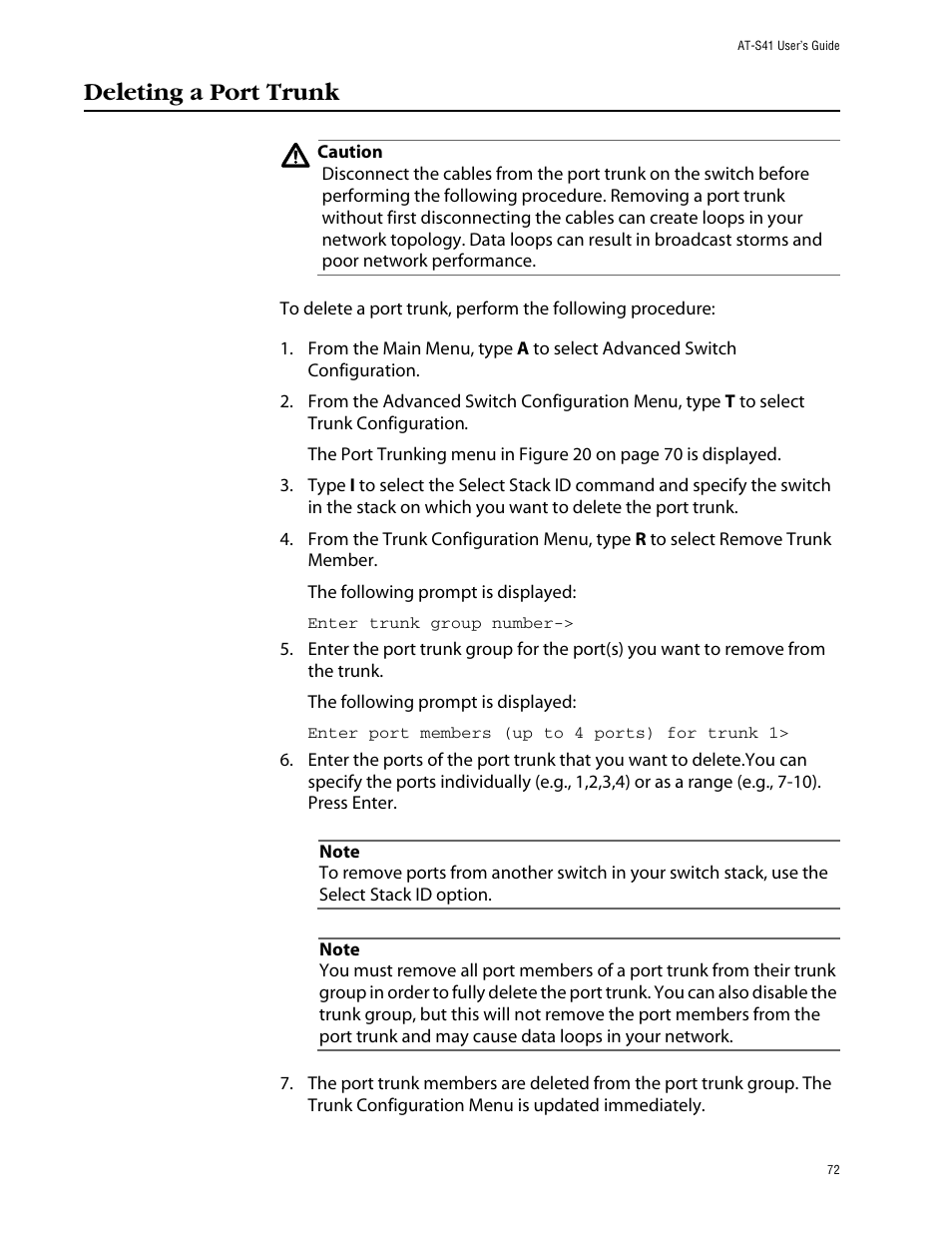 Deleting a port trunk | Allied Telesis AT-S41 User Manual | Page 72 / 233