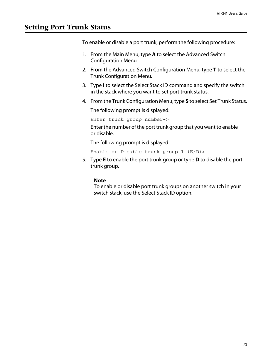 Setting port trunk status | Allied Telesis AT-S41 User Manual | Page 73 / 233