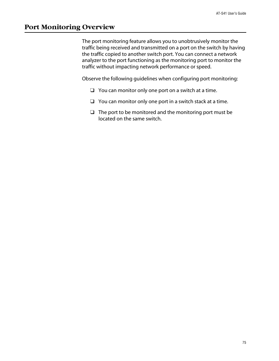 Port monitoring overview | Allied Telesis AT-S41 User Manual | Page 75 / 233