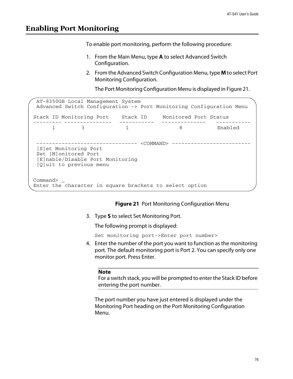 Enabling port monitoring | Allied Telesis AT-S41 User Manual | Page 76 / 233