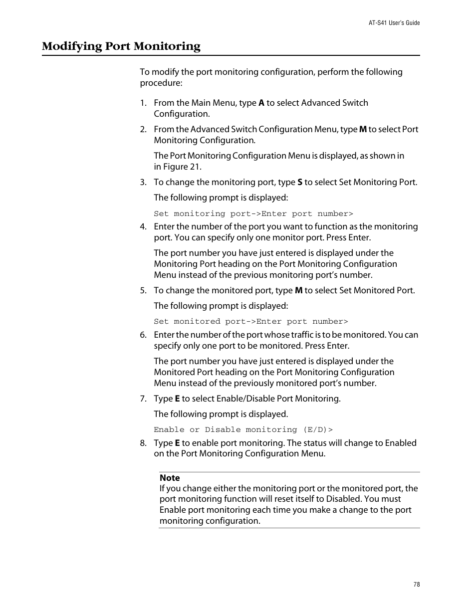Modifying port monitoring | Allied Telesis AT-S41 User Manual | Page 78 / 233