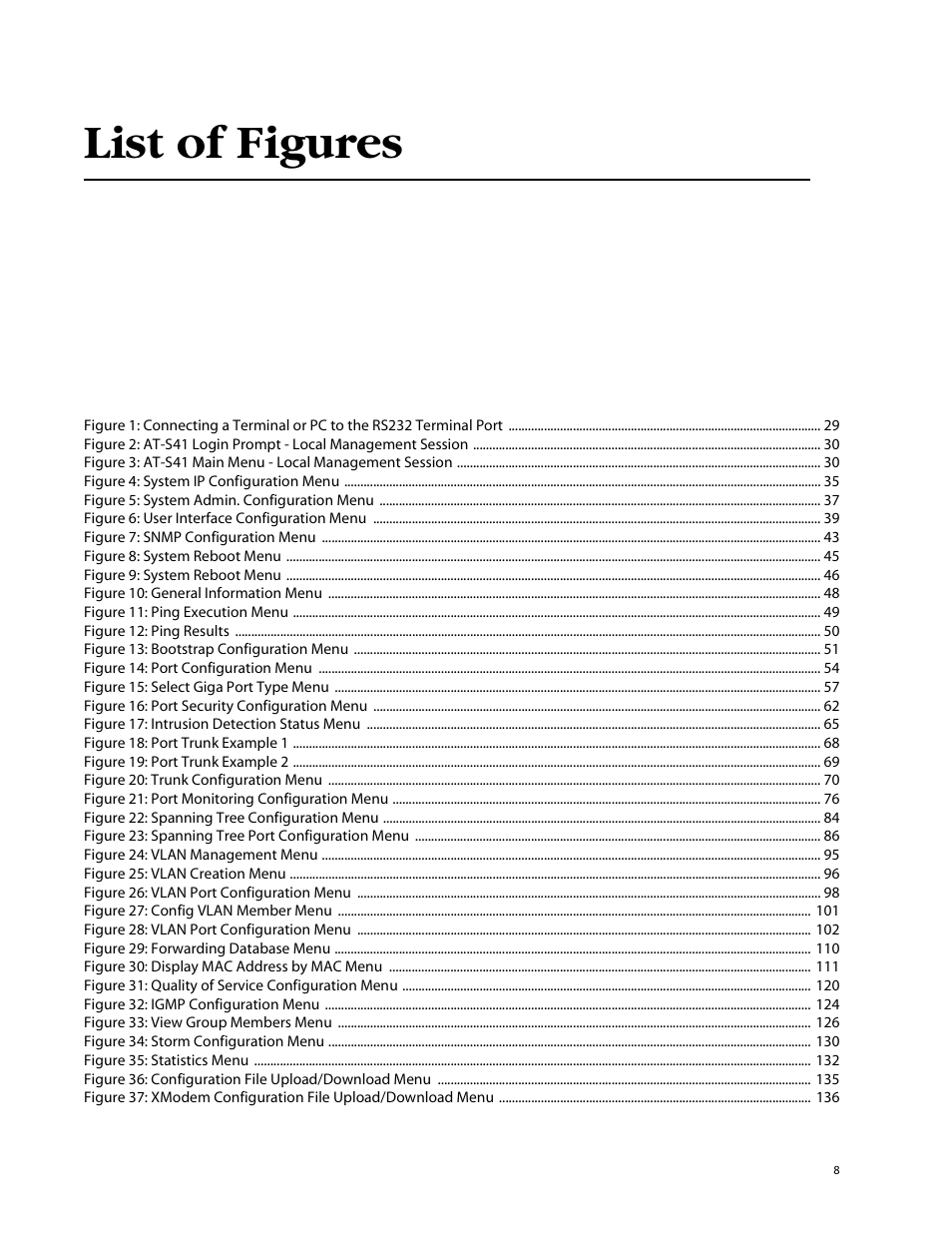 List of figures, Figure 4: system ip configuration menu 35, Figure 5: system admin. configuration menu 37 | Figure 6: user interface configuration menu 39, Figure 7: snmp configuration menu 43, Figure 8: system reboot menu 45, Figure 9: system reboot menu 46, Figure 10: general information menu 48, Figure 11: ping execution menu 49, Figure 12: ping results 50 | Allied Telesis AT-S41 User Manual | Page 8 / 233