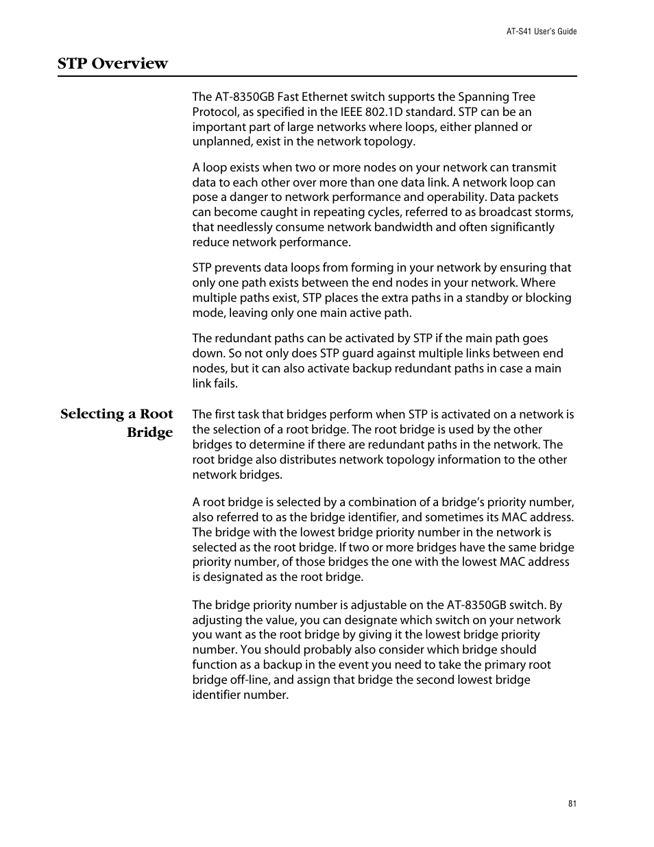 Stp overview, Selecting a root bridge | Allied Telesis AT-S41 User Manual | Page 81 / 233
