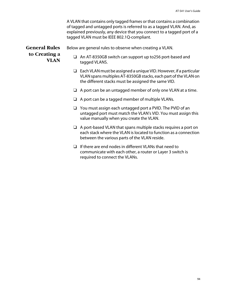 General rules to creating a vlan | Allied Telesis AT-S41 User Manual | Page 94 / 233