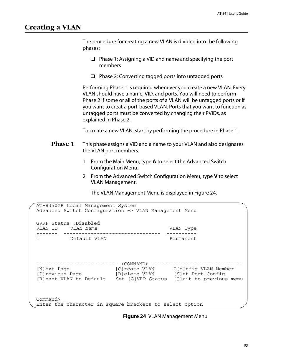 Creating a vlan, Phase 1 | Allied Telesis AT-S41 User Manual | Page 95 / 233
