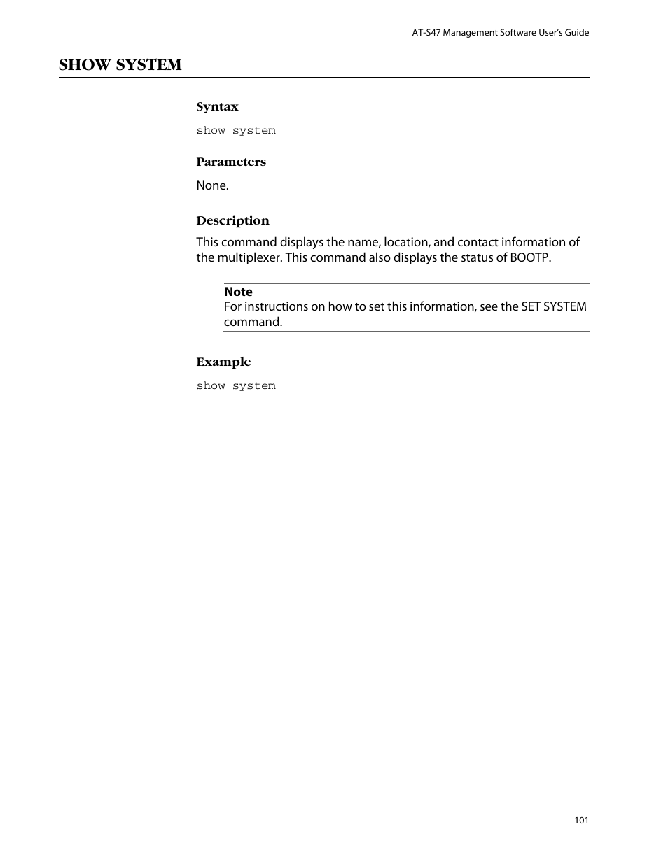 Show system | Allied Telesis AT-S47 User Manual | Page 101 / 154