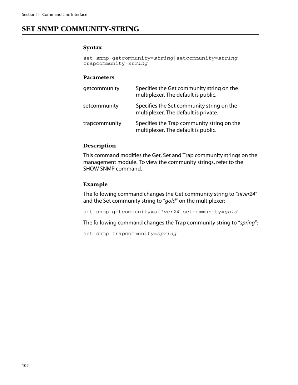 Set snmp community-string | Allied Telesis AT-S47 User Manual | Page 102 / 154