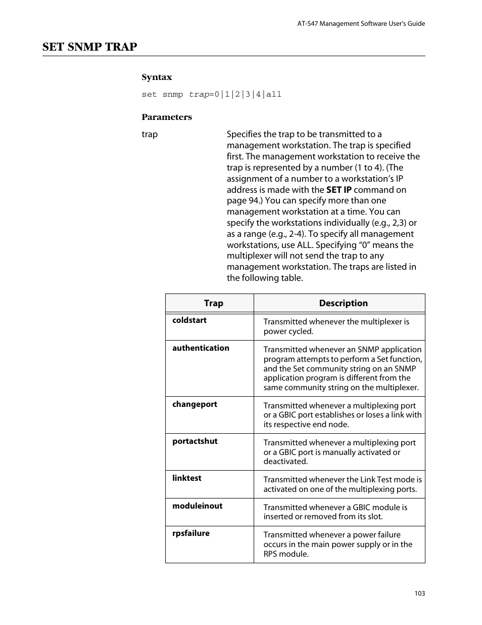 Set snmp trap | Allied Telesis AT-S47 User Manual | Page 103 / 154