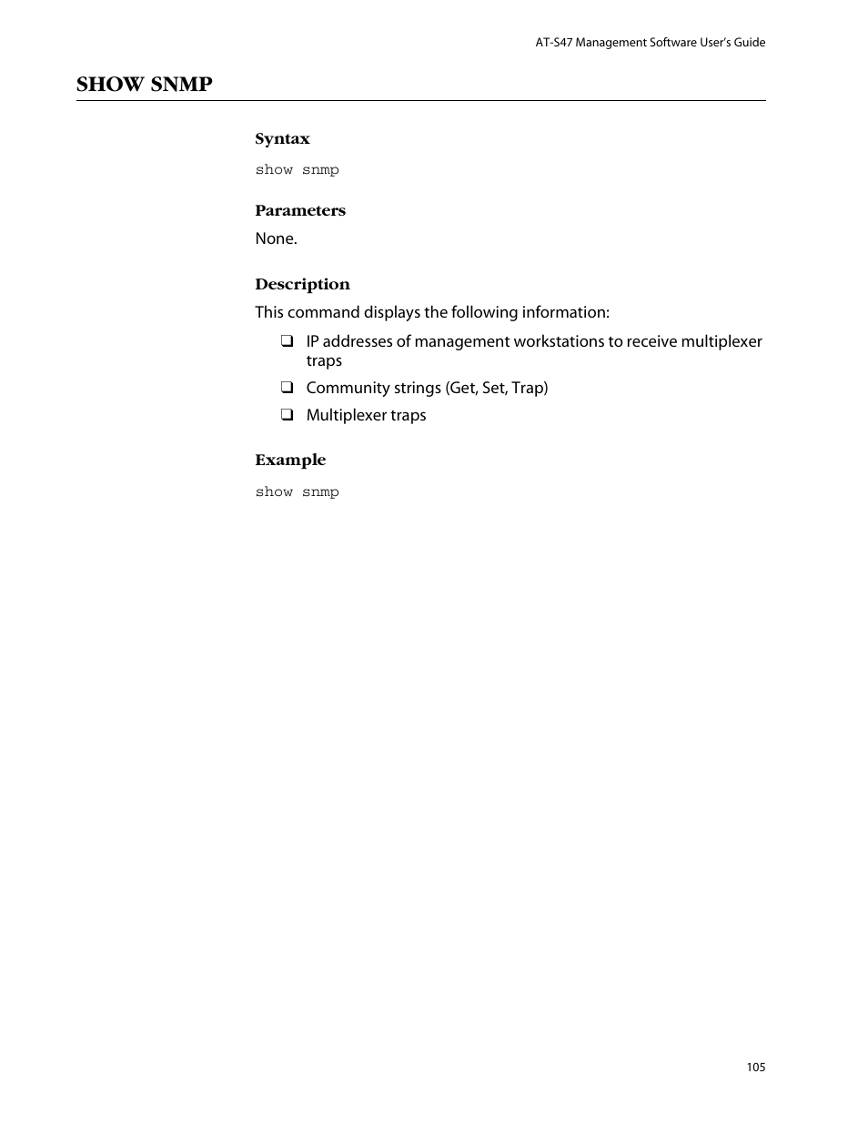 Show snmp | Allied Telesis AT-S47 User Manual | Page 105 / 154