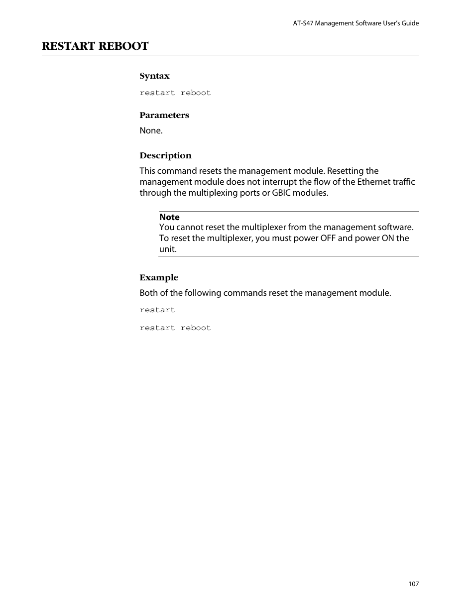 Restart reboot | Allied Telesis AT-S47 User Manual | Page 107 / 154