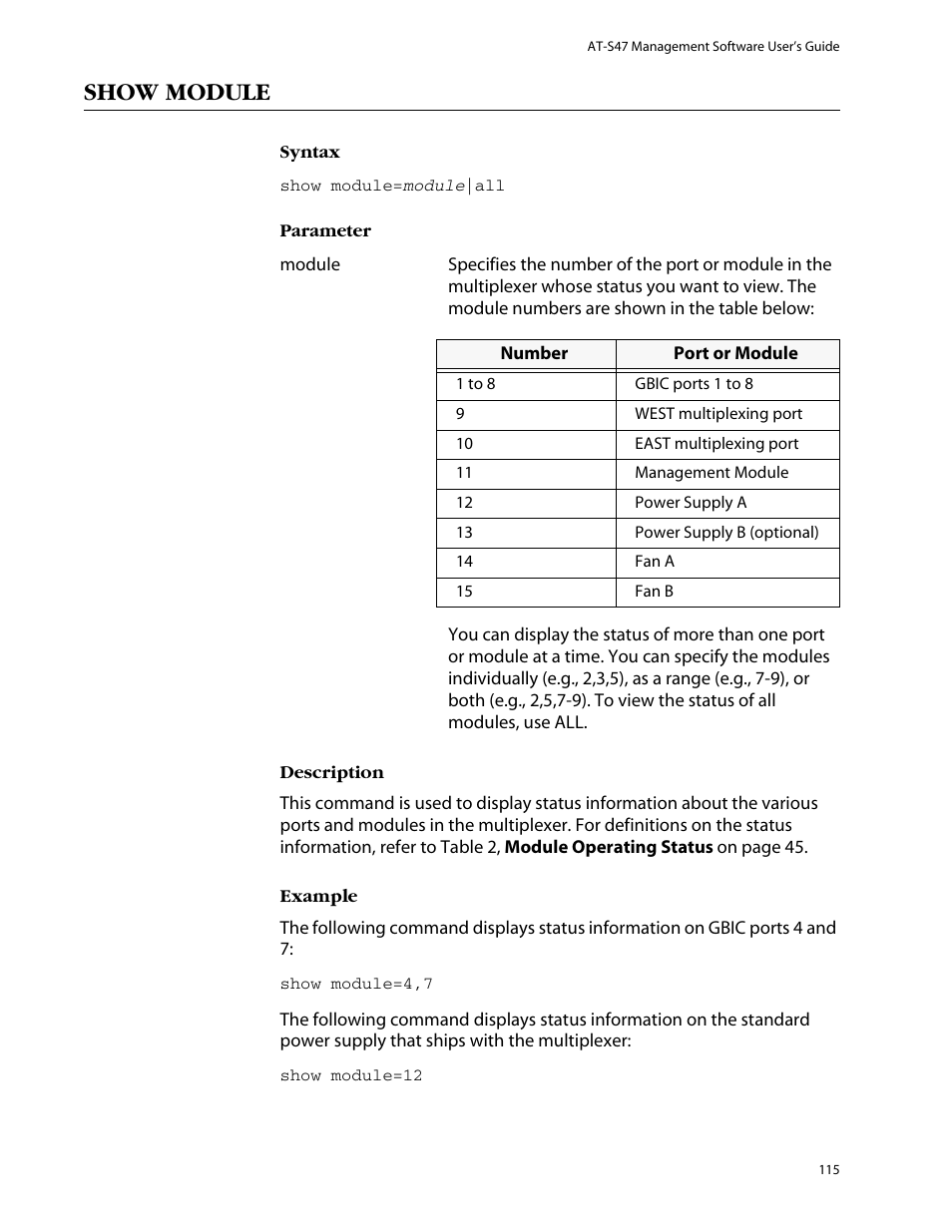 Show module | Allied Telesis AT-S47 User Manual | Page 115 / 154