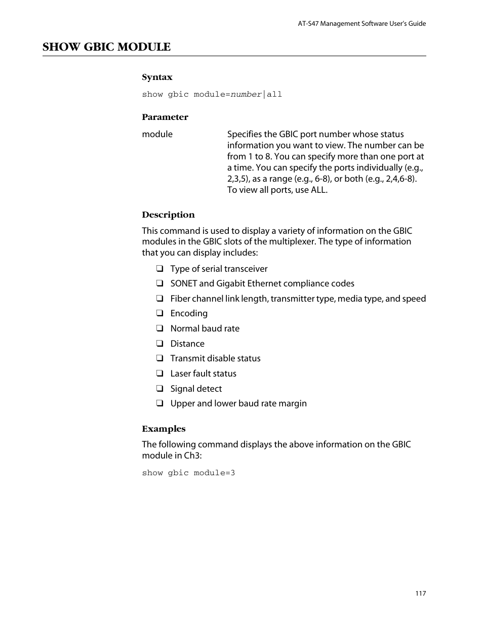 Show gbic module | Allied Telesis AT-S47 User Manual | Page 117 / 154