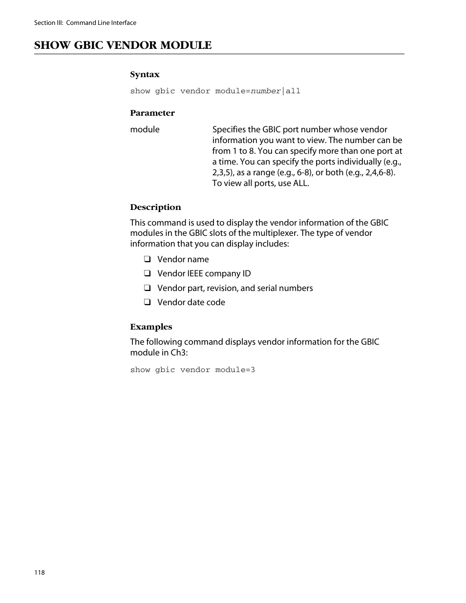 Show gbic vendor module | Allied Telesis AT-S47 User Manual | Page 118 / 154