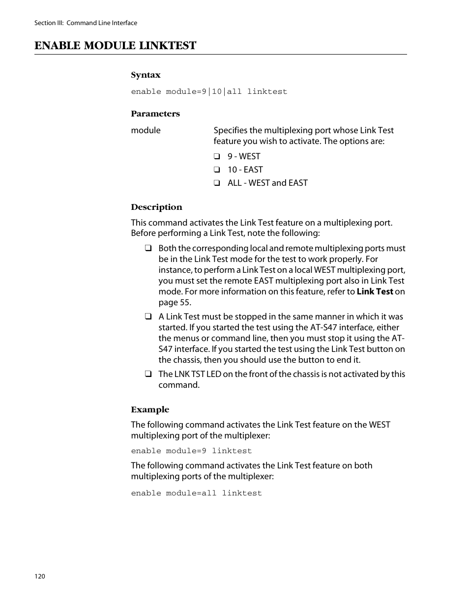 Enable module linktest | Allied Telesis AT-S47 User Manual | Page 120 / 154