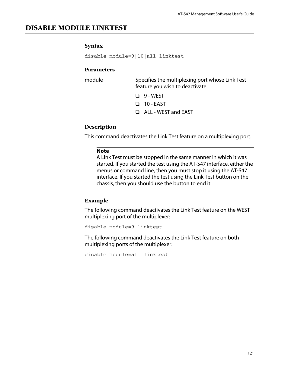 Disable module linktest | Allied Telesis AT-S47 User Manual | Page 121 / 154