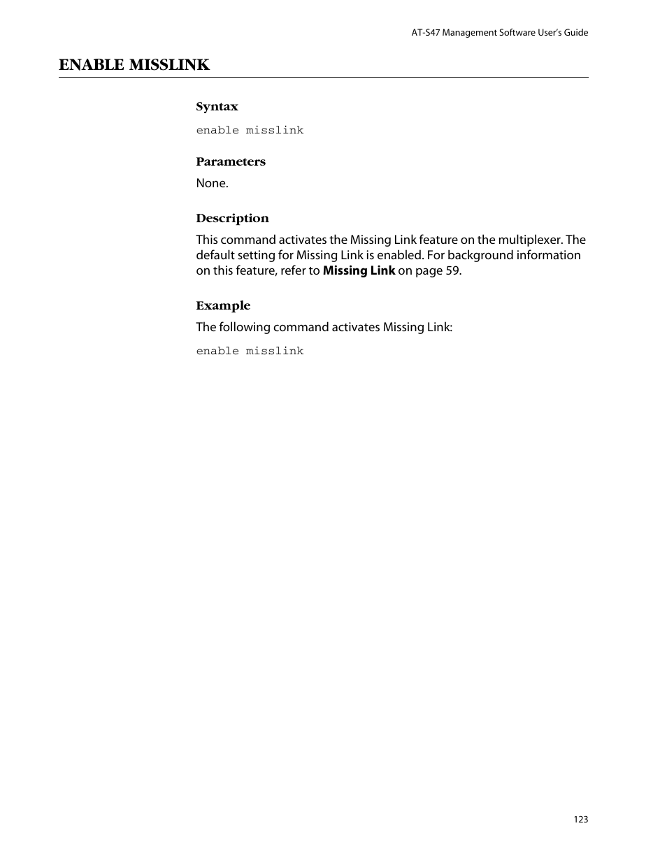 Enable misslink | Allied Telesis AT-S47 User Manual | Page 123 / 154