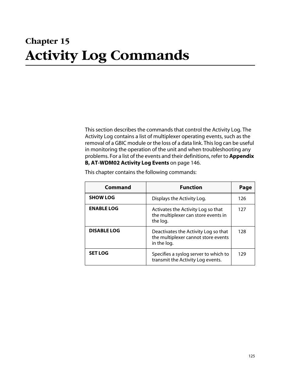 Activity log commands, Chapter 15 | Allied Telesis AT-S47 User Manual | Page 125 / 154