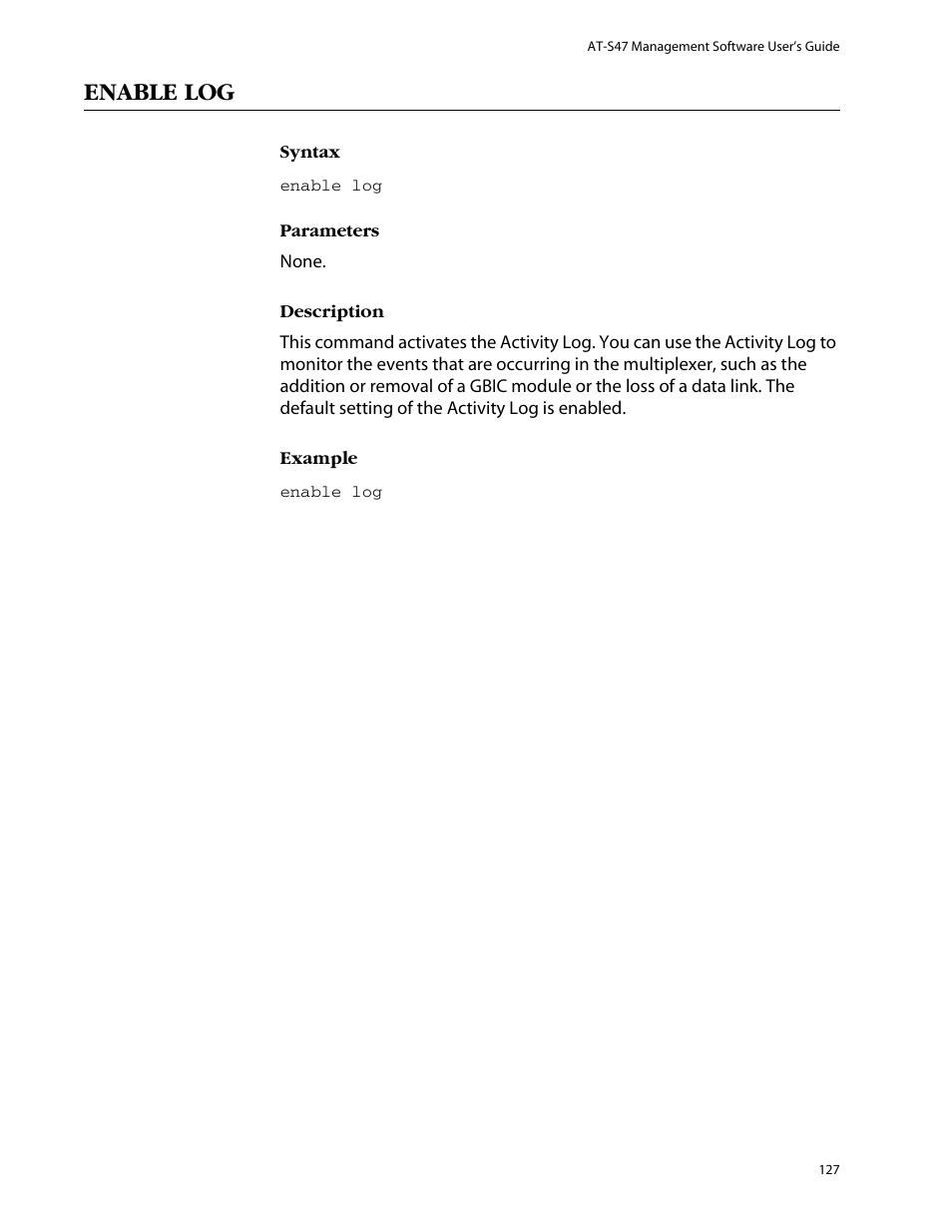 Enable log | Allied Telesis AT-S47 User Manual | Page 127 / 154