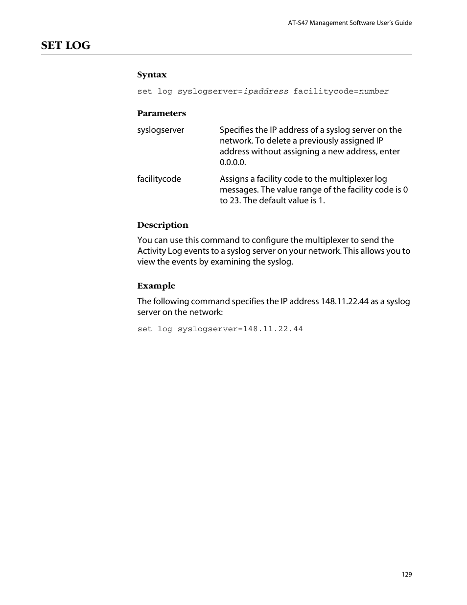 Set log | Allied Telesis AT-S47 User Manual | Page 129 / 154