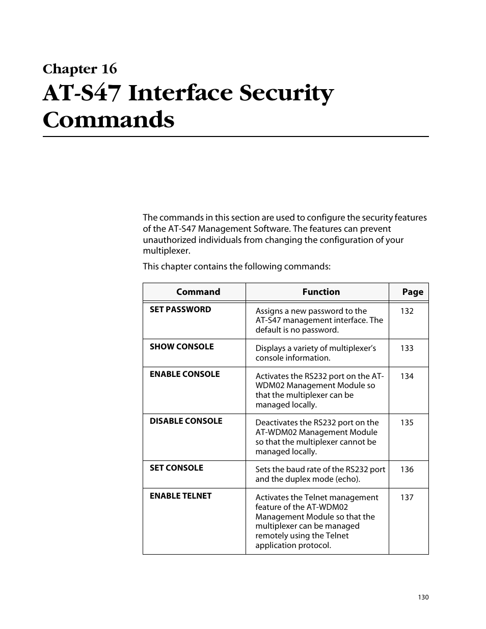 At-s47 interface security commands, Chapter 16 | Allied Telesis AT-S47 User Manual | Page 130 / 154