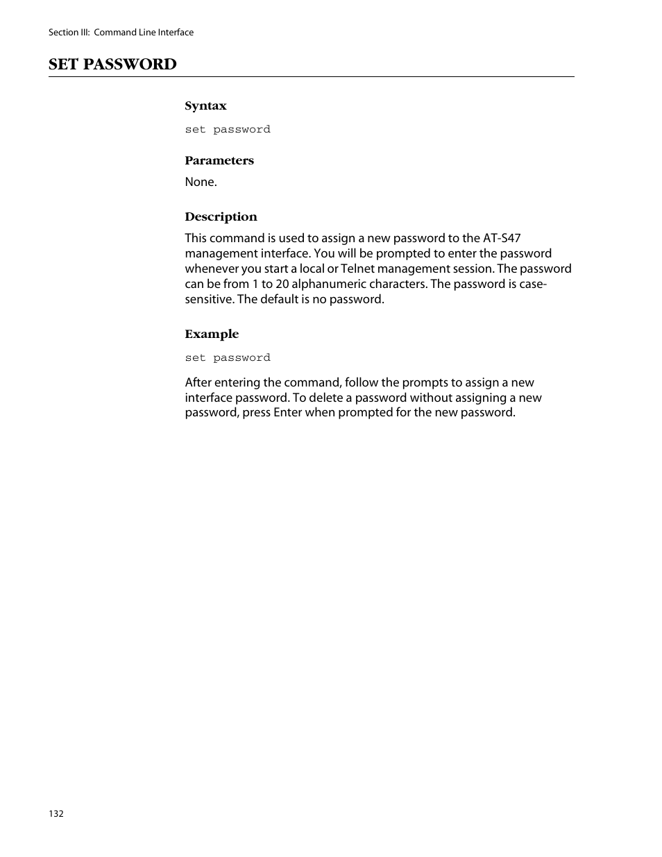 Set password | Allied Telesis AT-S47 User Manual | Page 132 / 154