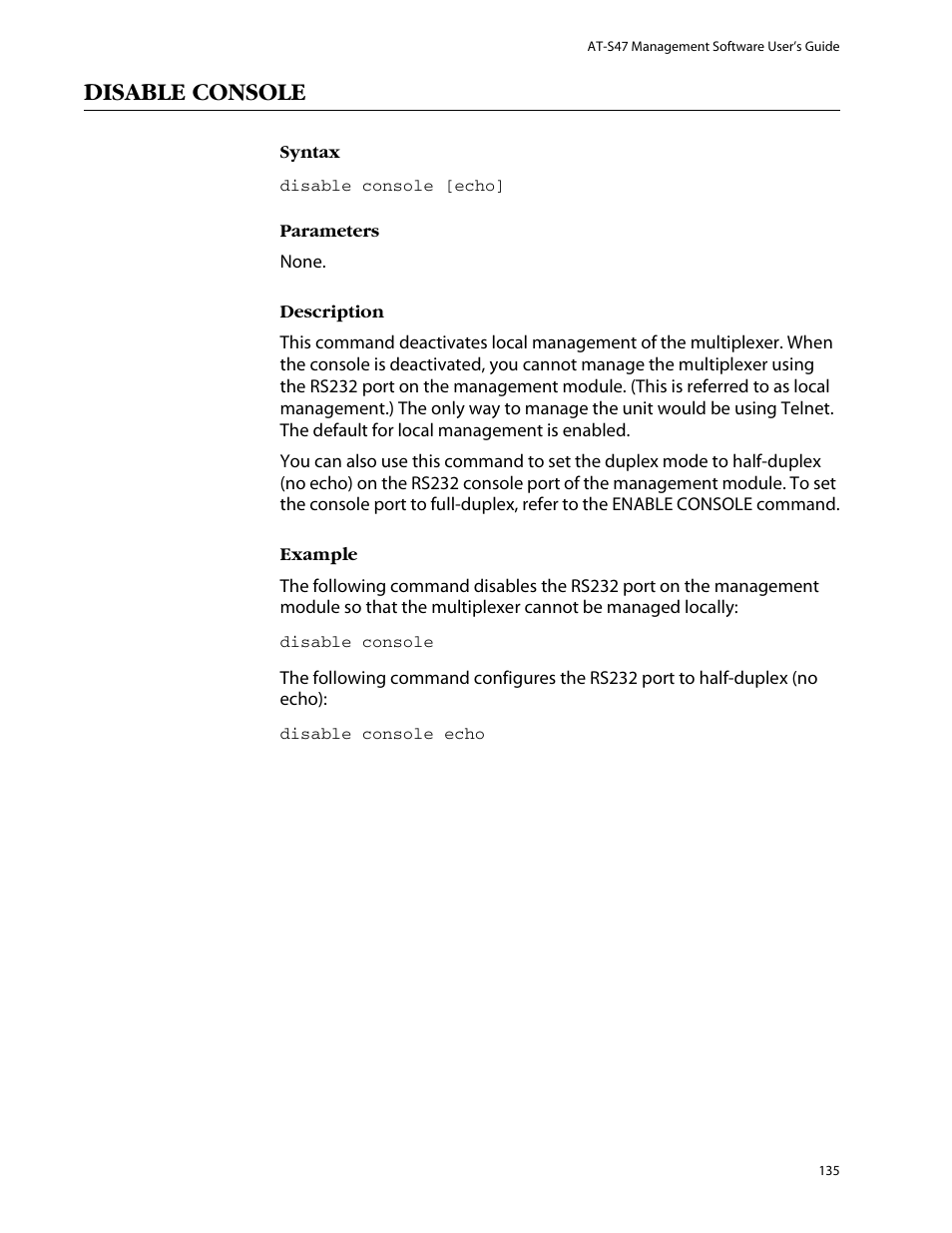 Disable console | Allied Telesis AT-S47 User Manual | Page 135 / 154