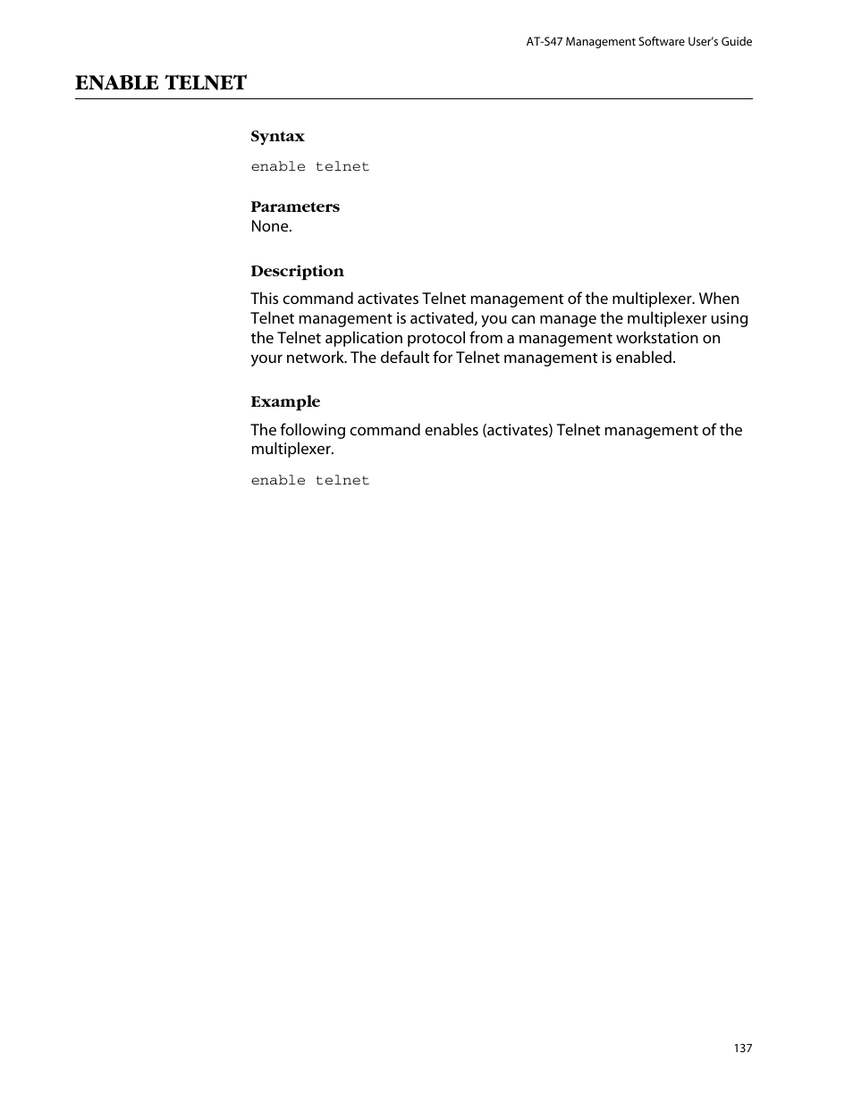 Enable telnet | Allied Telesis AT-S47 User Manual | Page 137 / 154