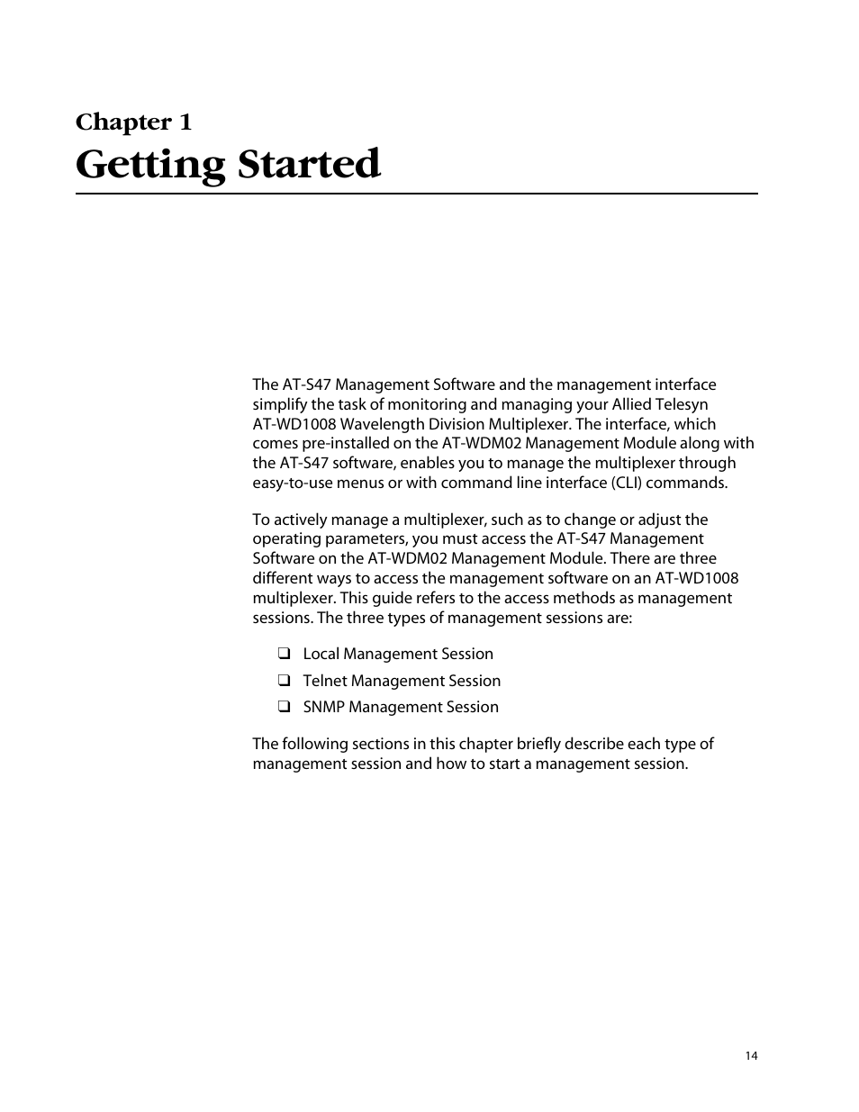 Chapter 1 getting started, Getting started, Chapter 1 | Allied Telesis AT-S47 User Manual | Page 14 / 154