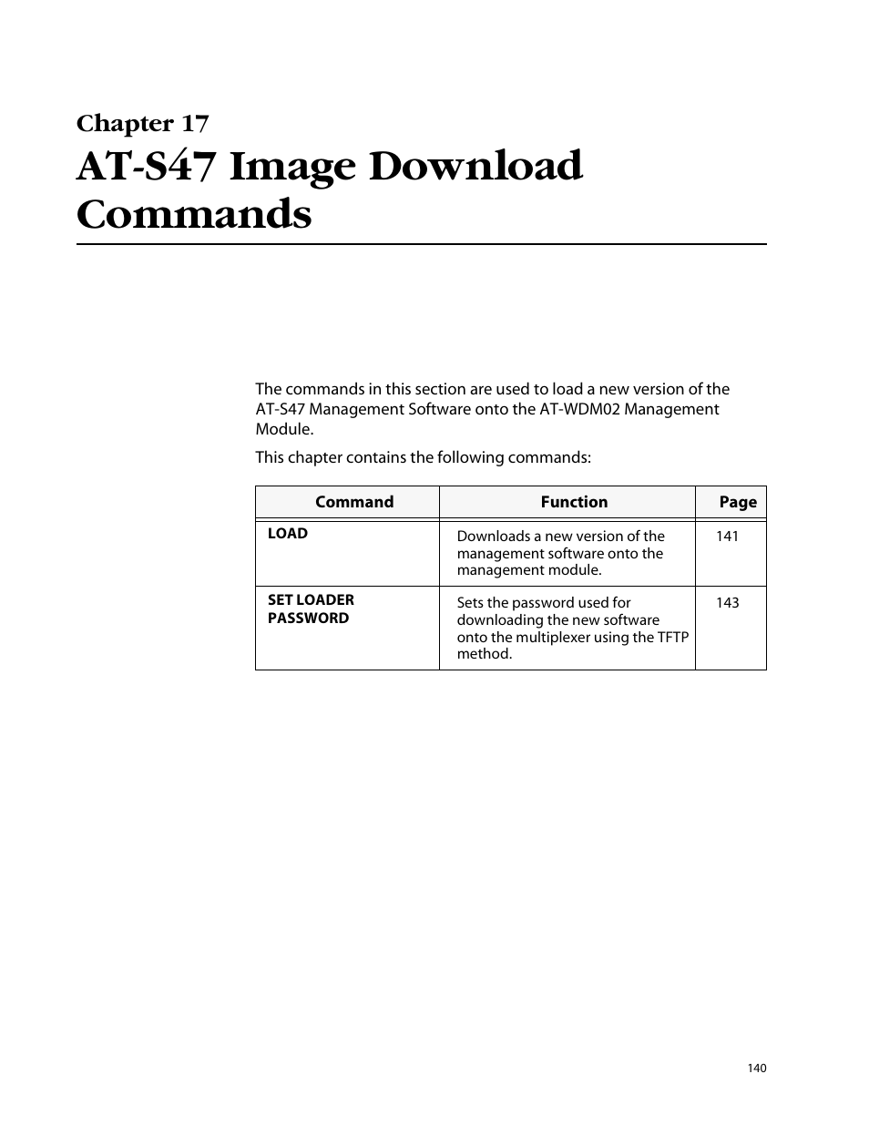 At-s47 image download commands, Chapter 17 | Allied Telesis AT-S47 User Manual | Page 140 / 154